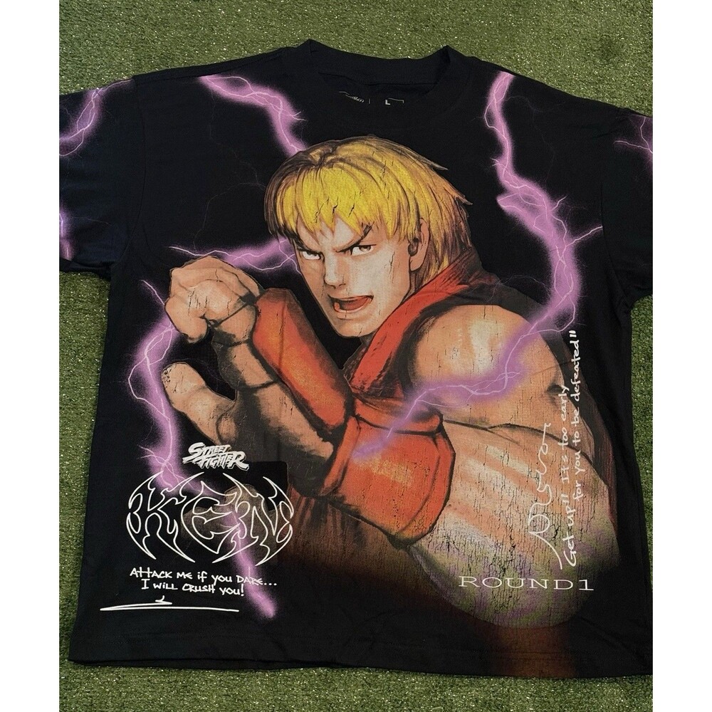 Street Fighter Ken CVLA AOP Black Graphic T-Shirts Mens Sz Large Tee NWOT